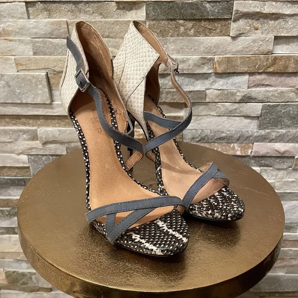 L.A.M.B. 6.5 Mixed Snakeskin Leather Strappy Stiletto Heels | Cream, Black, Blue